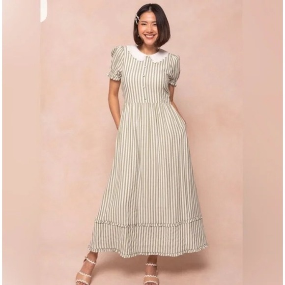 Ivy City Co Dresses & Skirts - New Ivy City Kensie Dress XL Green Striped Peter Pan Collar Cottagecore Maxi